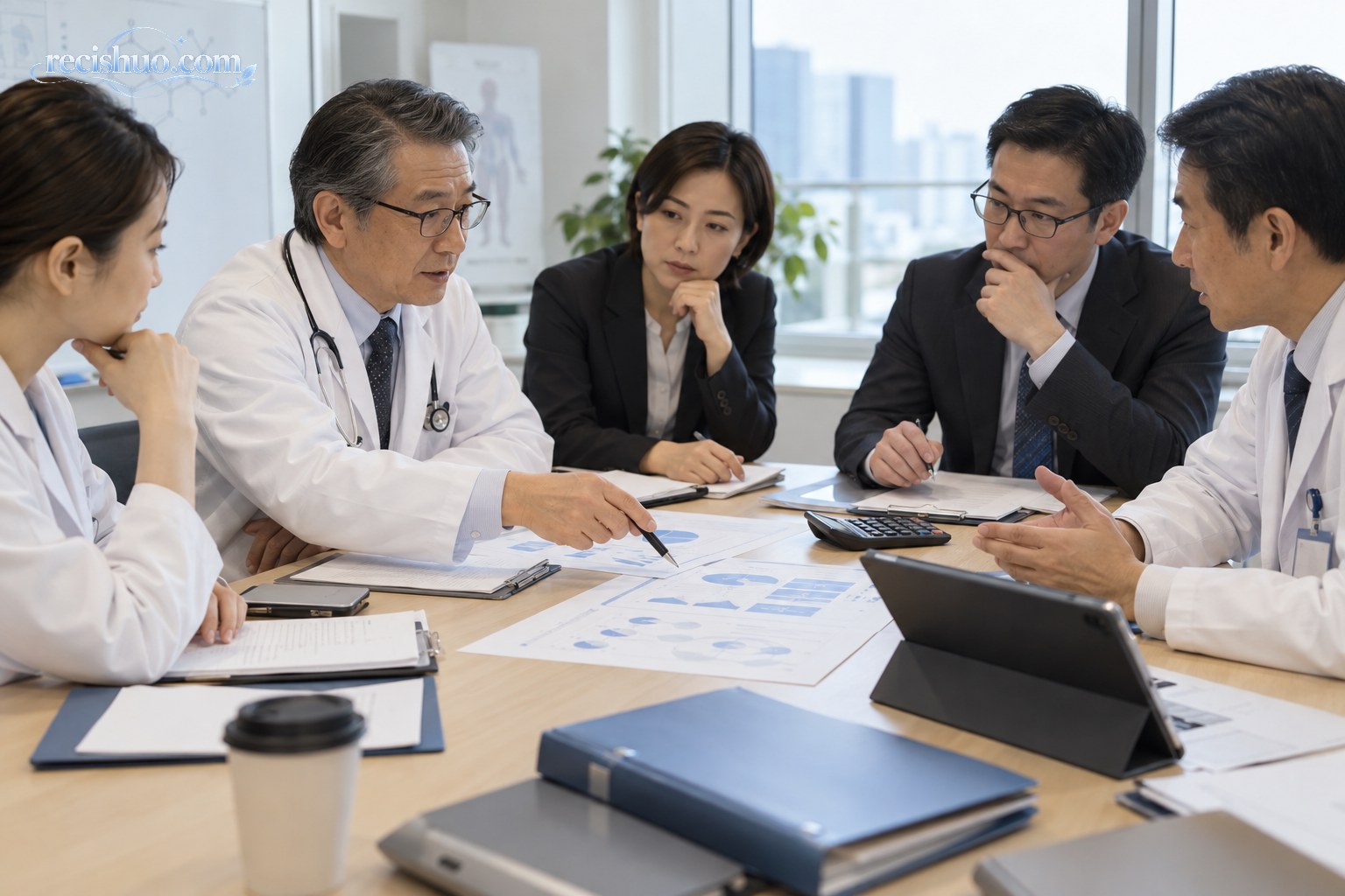 医生、医院管理人员与支付方代表在会议室讨论治疗流程和费用方案