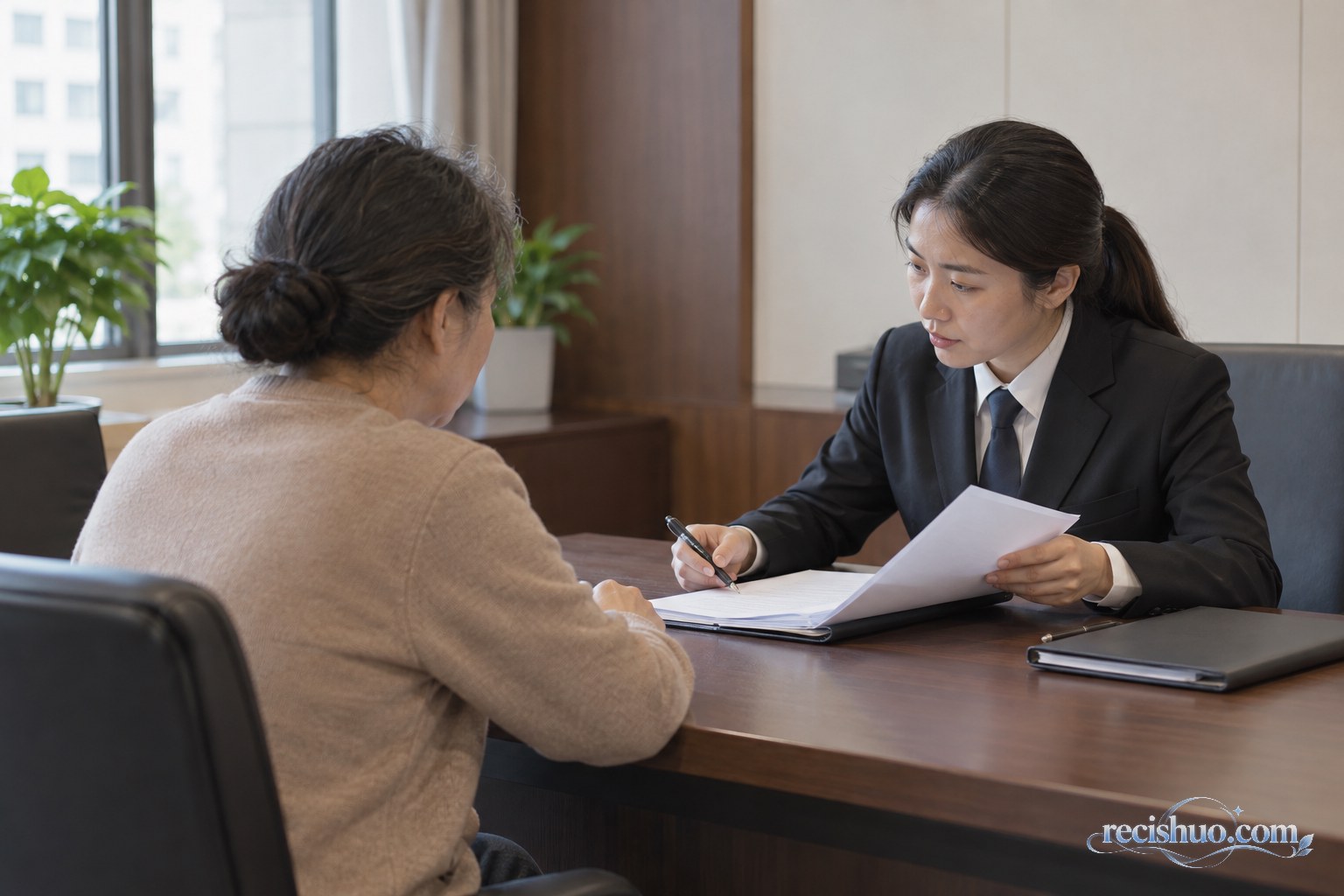 家属在桌前整理病历、证件夹和银行卡等办理材料