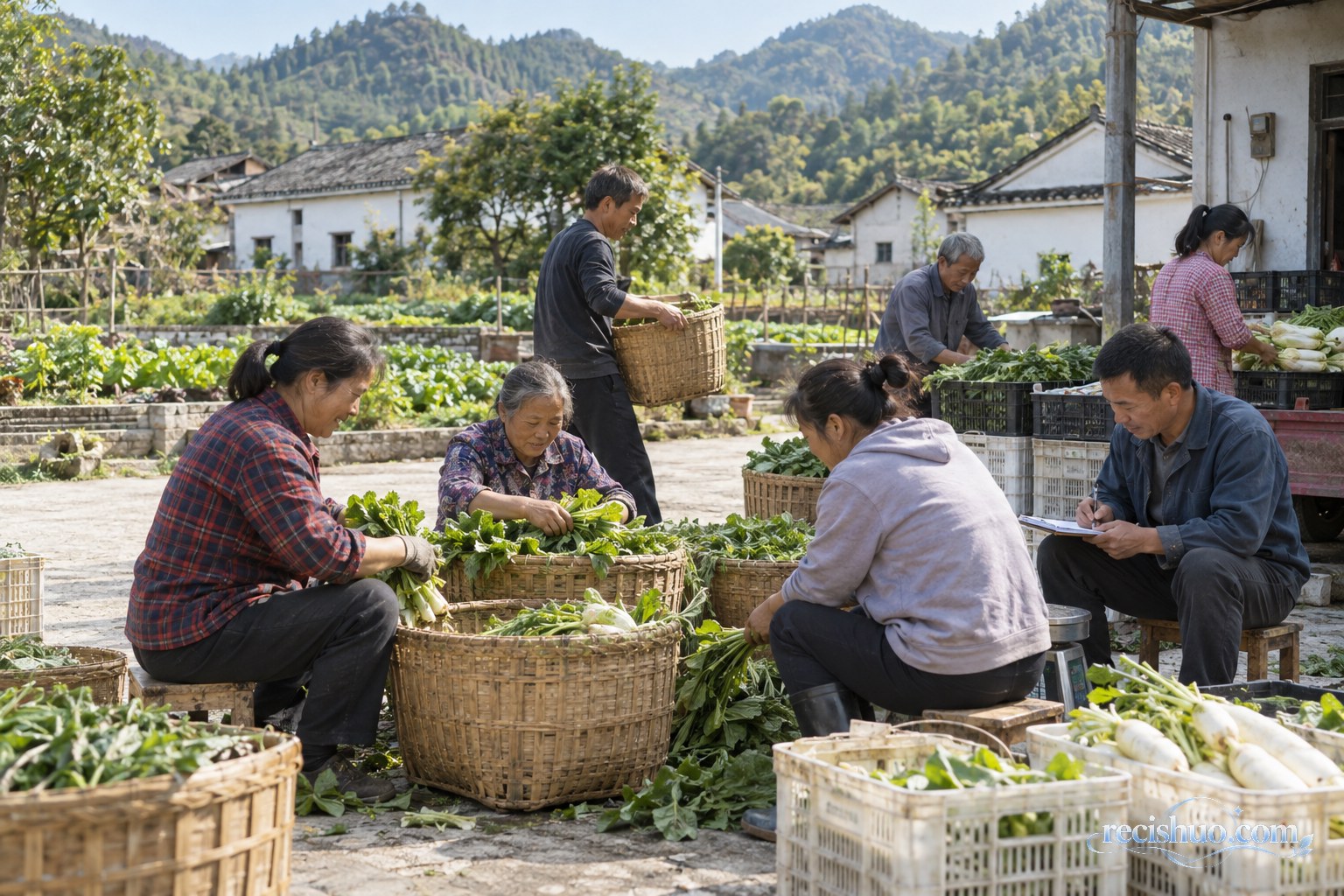 湘南山村村民在院落中协作分拣蔬菜并记录数量