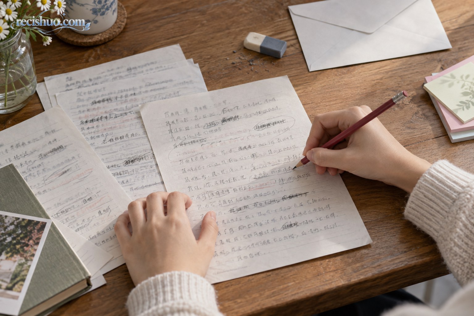 写作者在书桌前用铅笔反复修改多页书信草稿