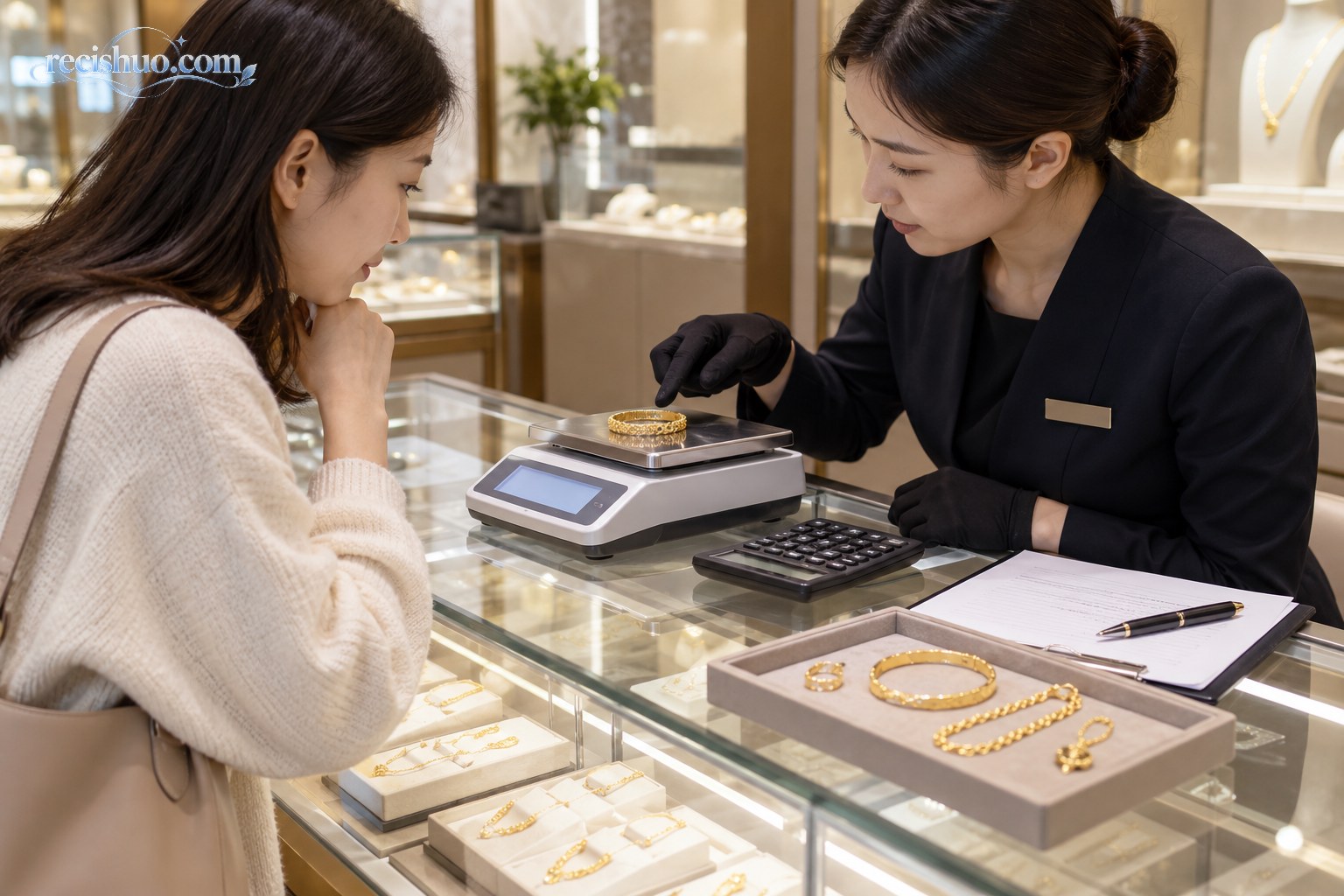 女性顾客在珠宝柜台核对黄金首饰的称重与费用