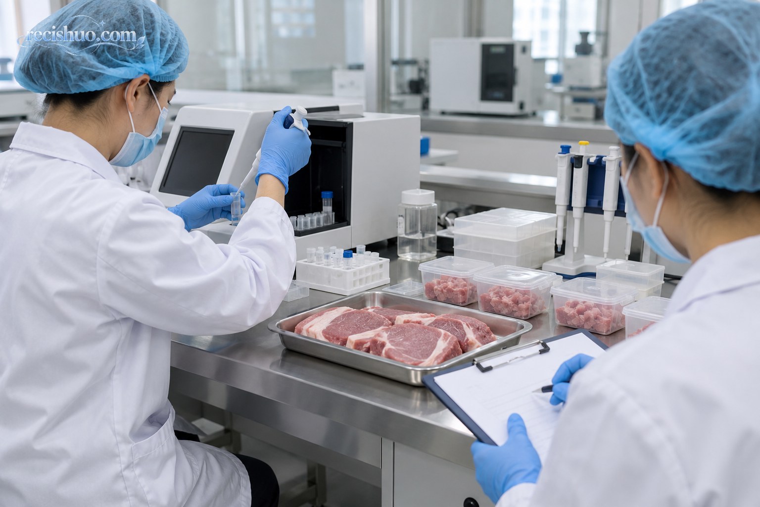 食品检验人员在实验室对猪肉样品进行检测和记录