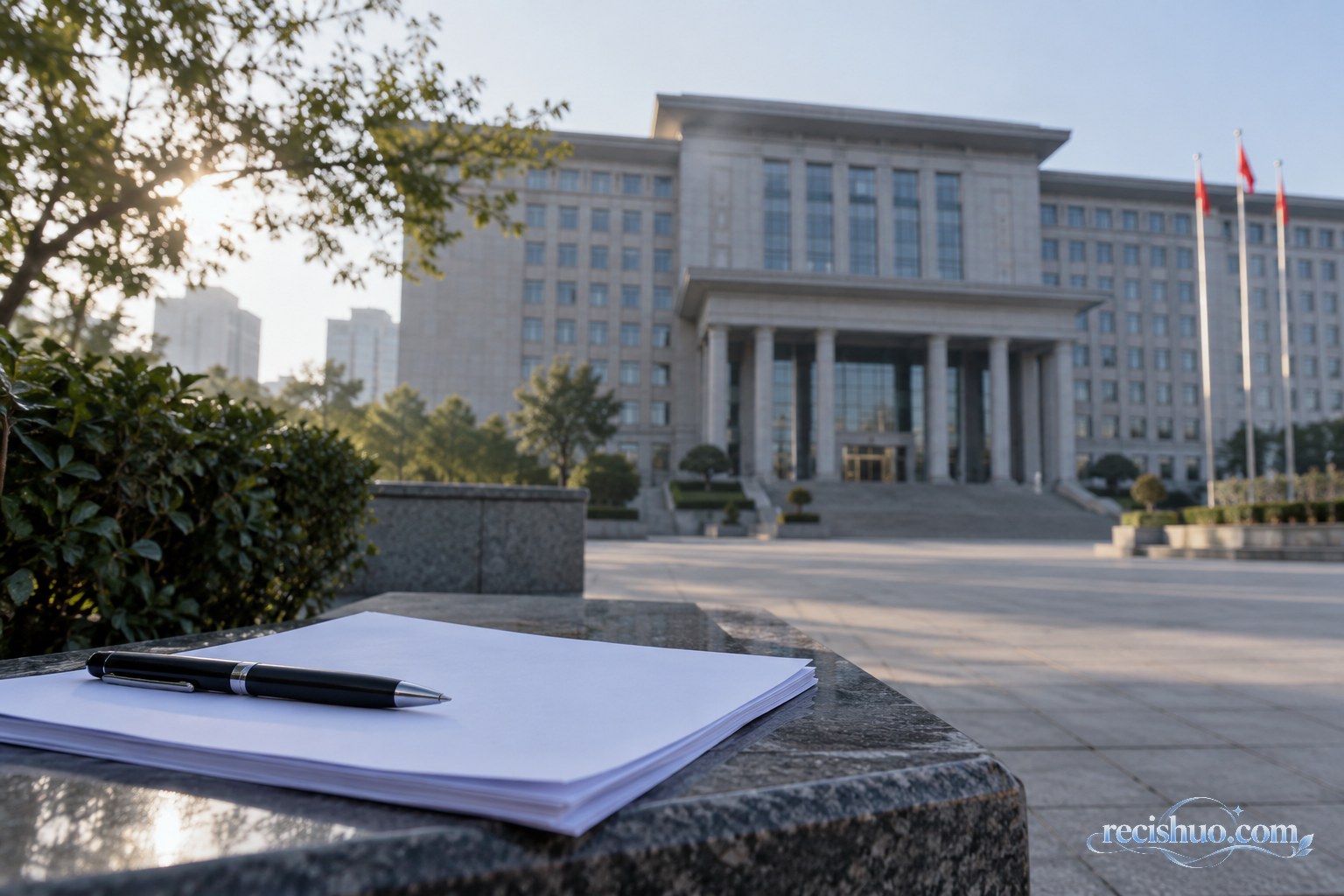 政务办公建筑前摆放着空白材料与钢笔，呈现公共事件等待核查和回应的场景