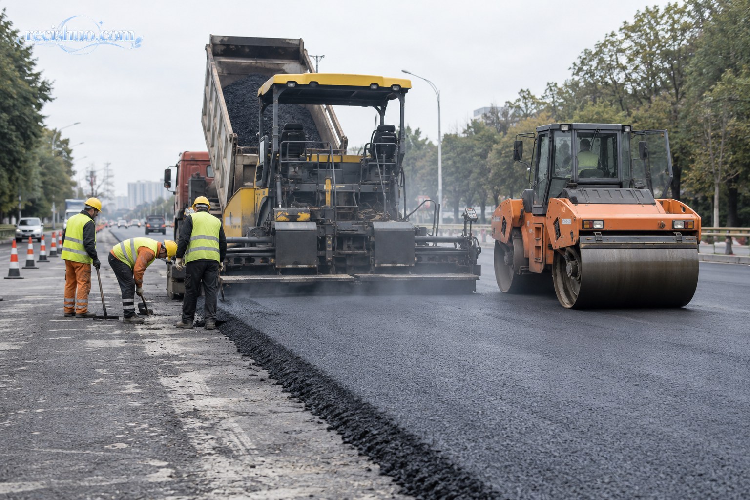 道路养护现场的摊铺机、压路机与施工人员正在铺设沥青路面