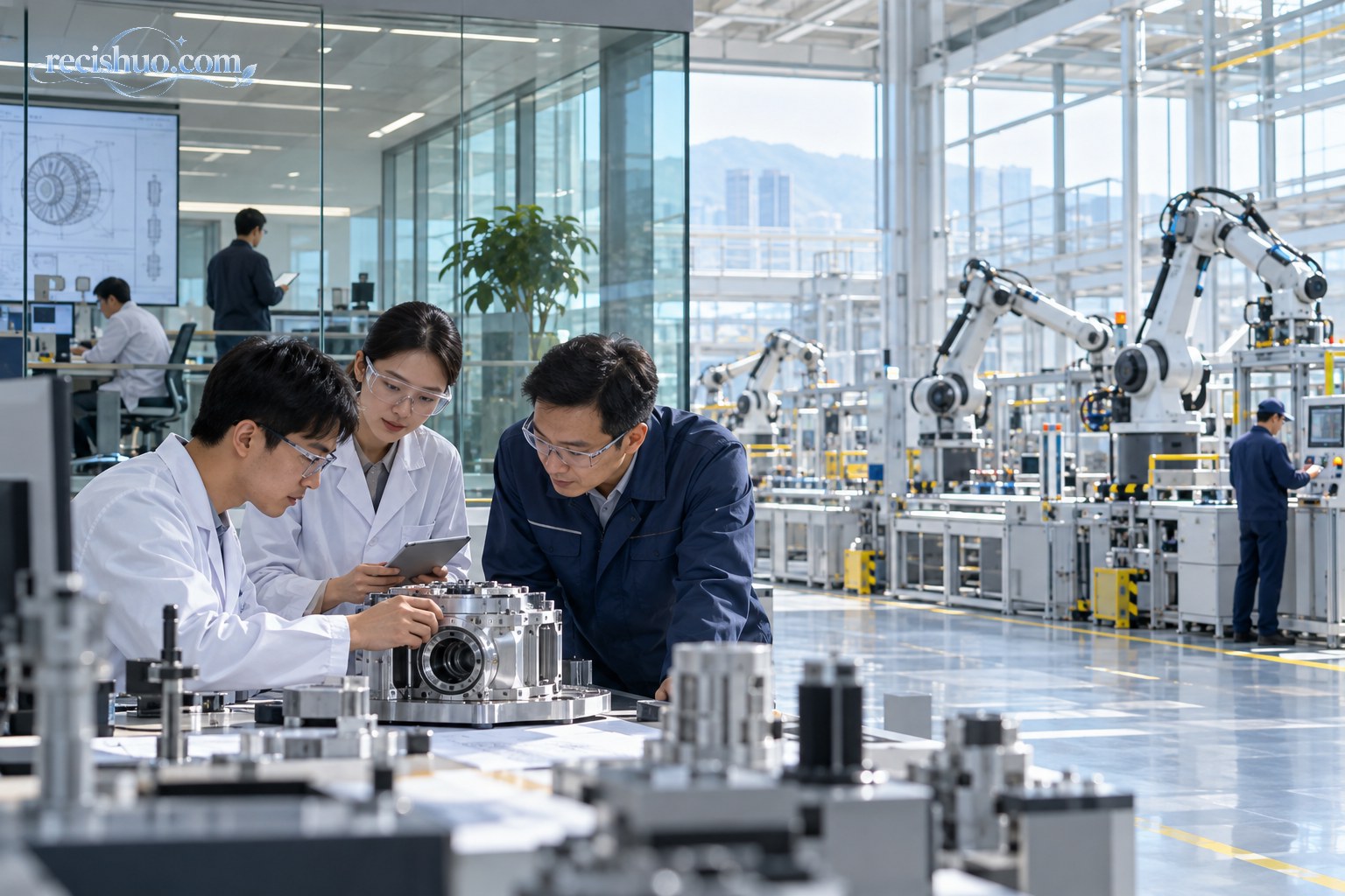 研发人员在现代实验室与智能制造车间衔接区域共同检查精密设备