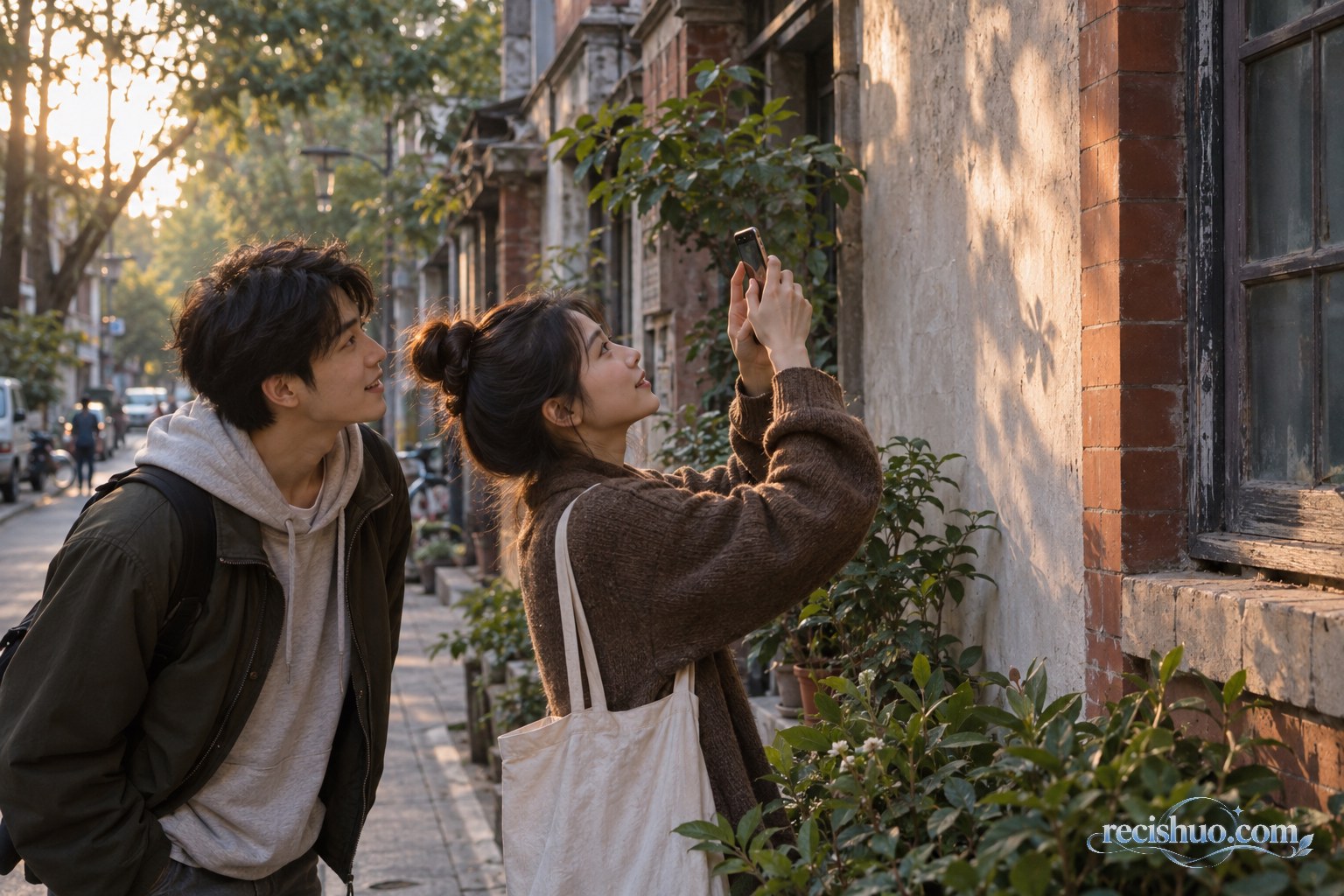 两位年轻朋友在傍晚街巷观察旧墙、窗框与植物形成的光影