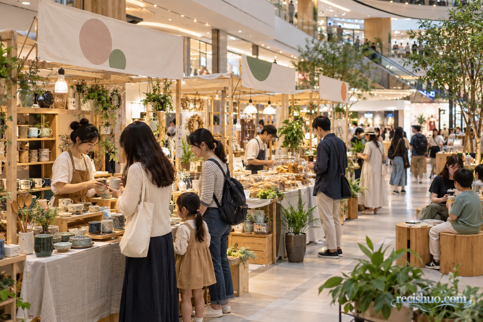 顾客在商场生活方式主题市集挑选手作器物和烘焙食品