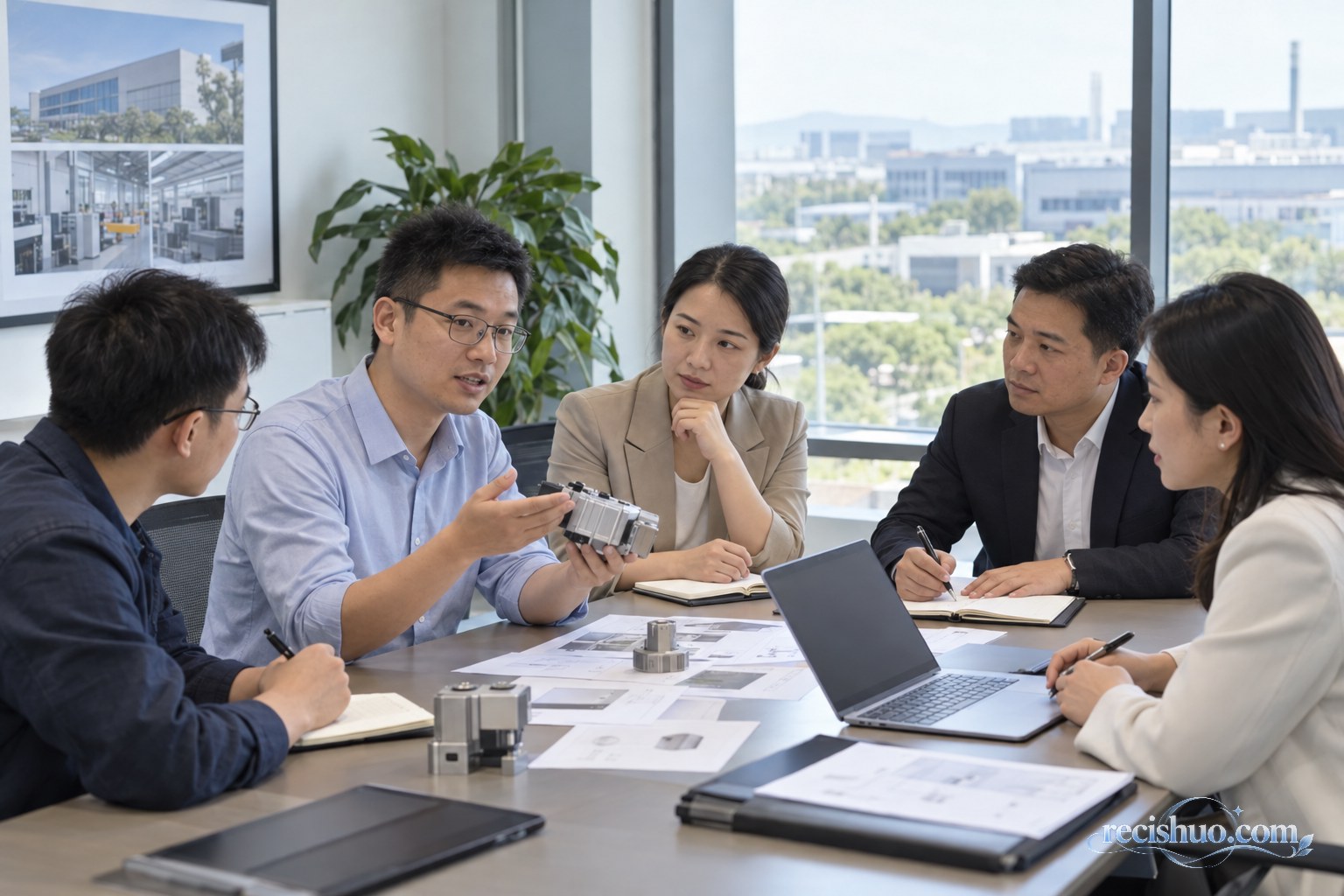 科技企业团队与产业服务人员围绕产品样件讨论成果转化方案
