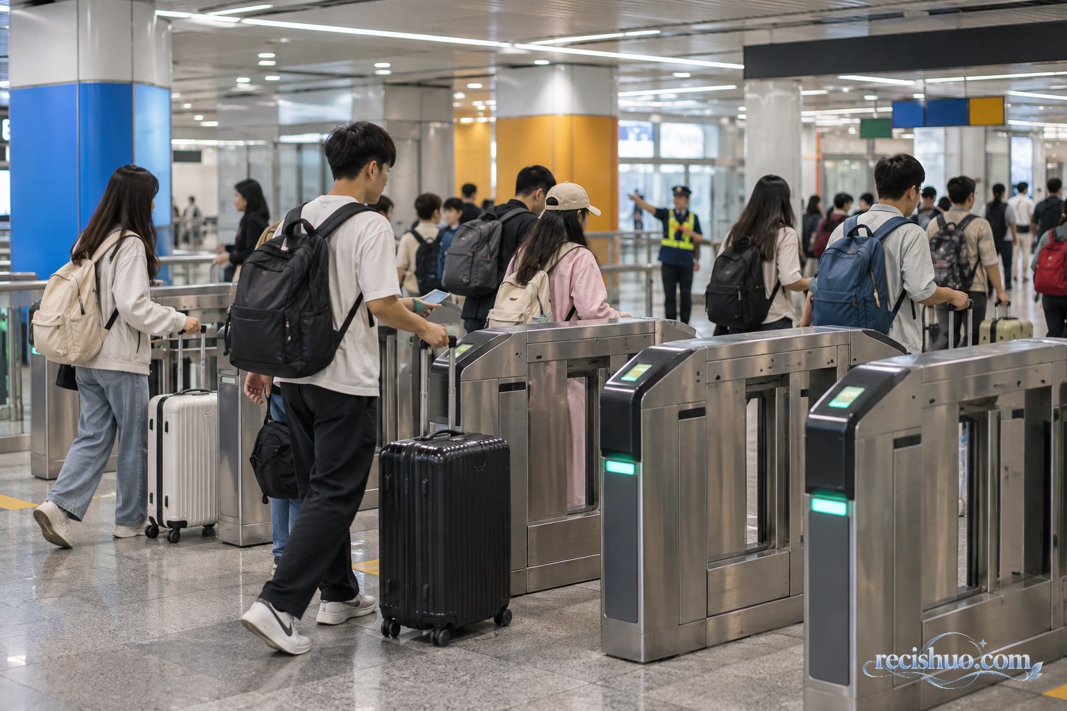 旅游高峰期间游客携带行李有序通过城市地铁闸机