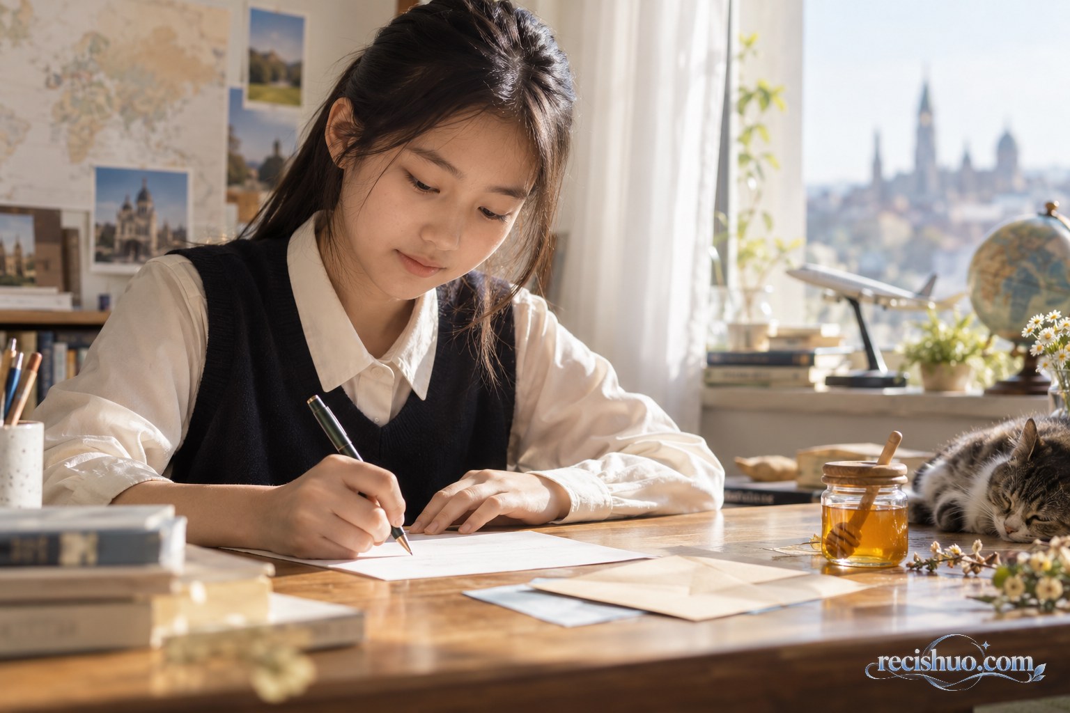 中国少女在窗边书桌前写信，桌上摆着信封与一小瓶蜂蜜