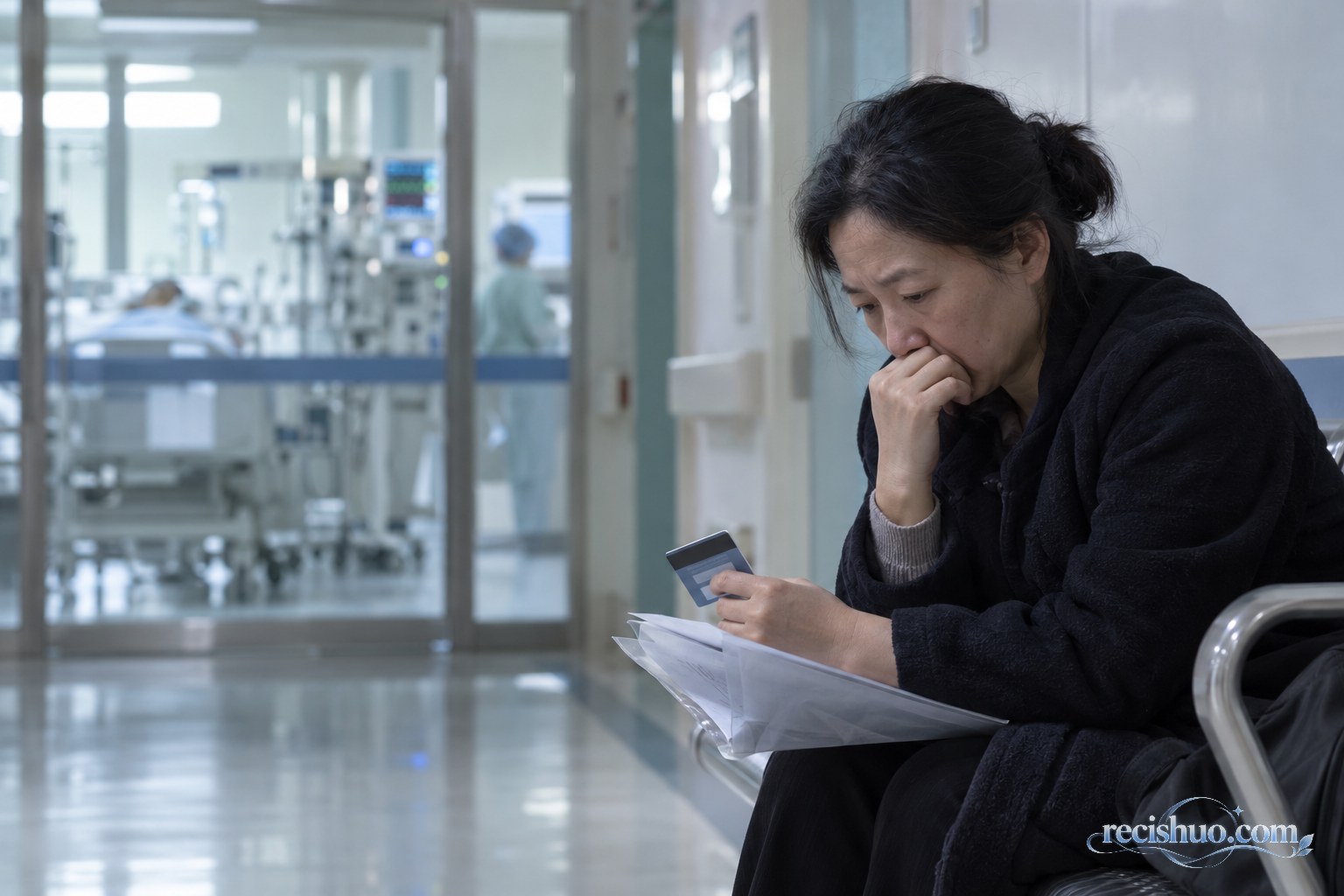 母亲手持银行卡和病历资料焦急等候在重症监护区外