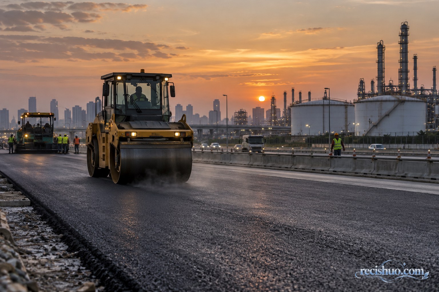傍晚城市道路施工现场的压路机、新铺沥青路面与远处炼化设施