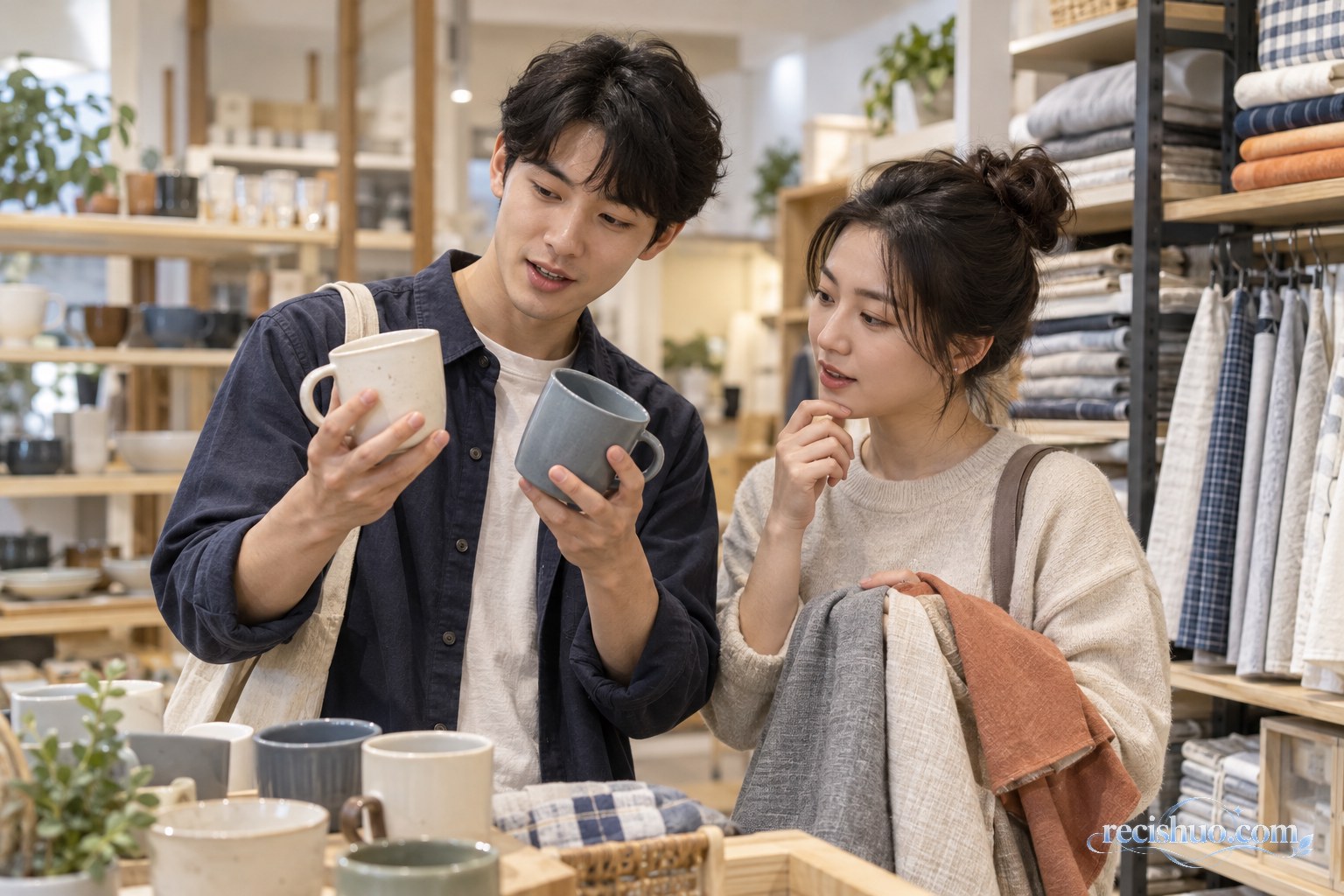 两位朋友在生活用品店比较不同杯子和布料的颜色与质感