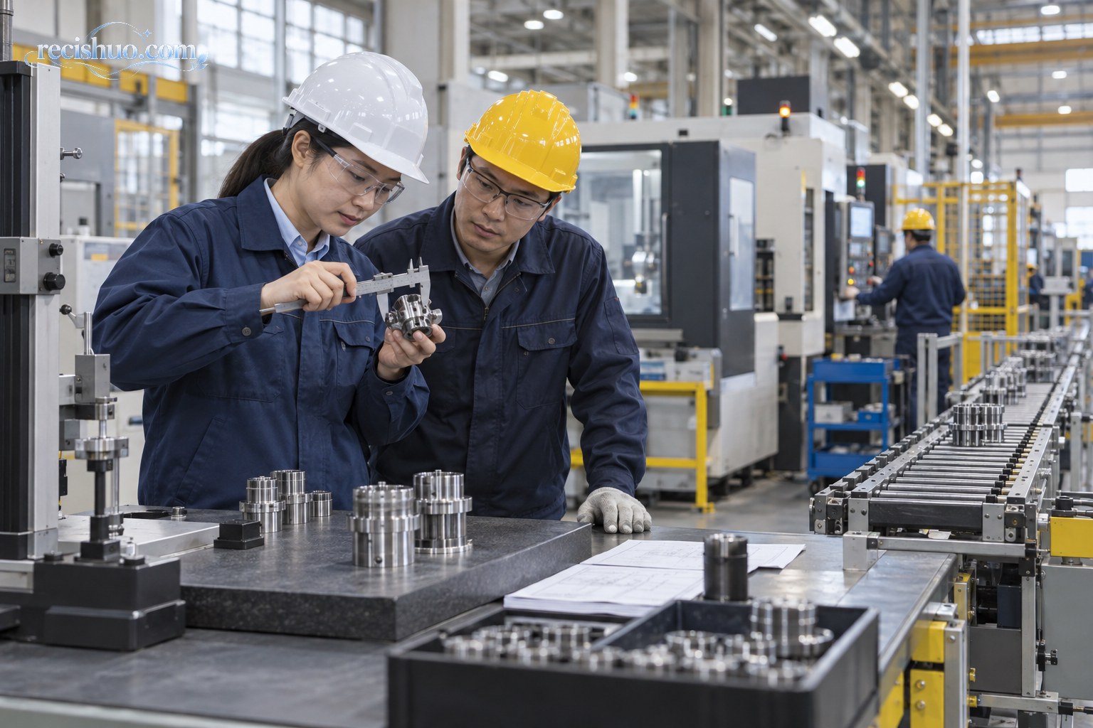 质量工程师和一线技术人员在生产线上检测精密部件