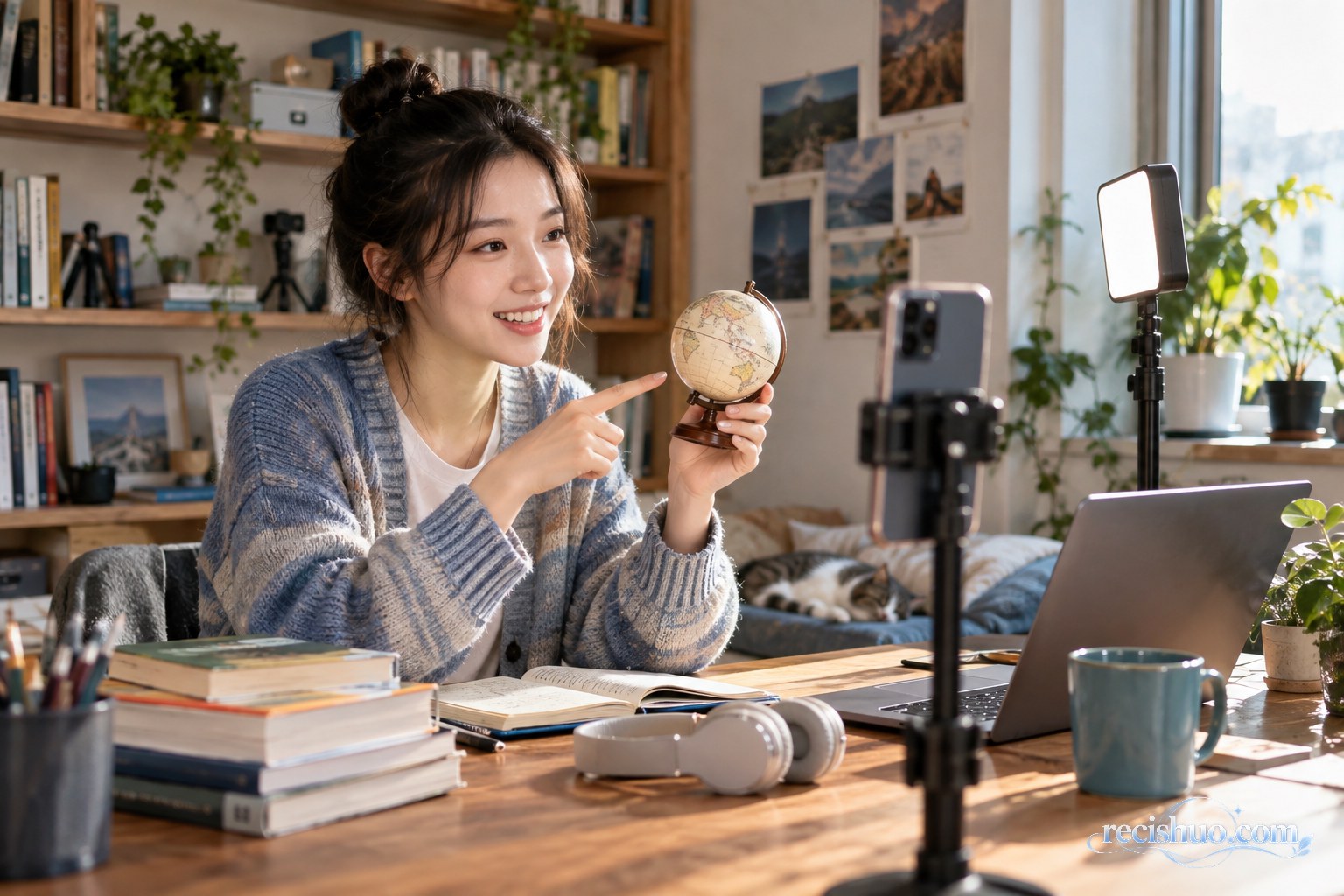 年轻创作者在明亮书房用手机拍摄轻松有趣的知识短视频