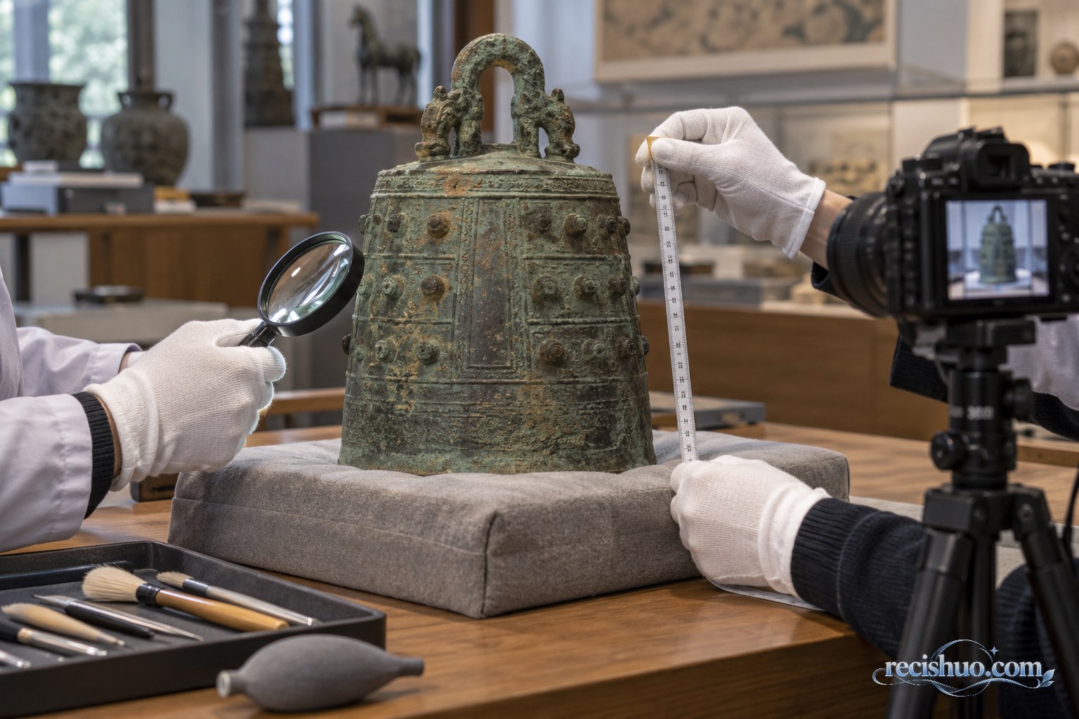 文物研究人员在工作台上对古代青铜钟进行测量、观察与影像记录的场景示意