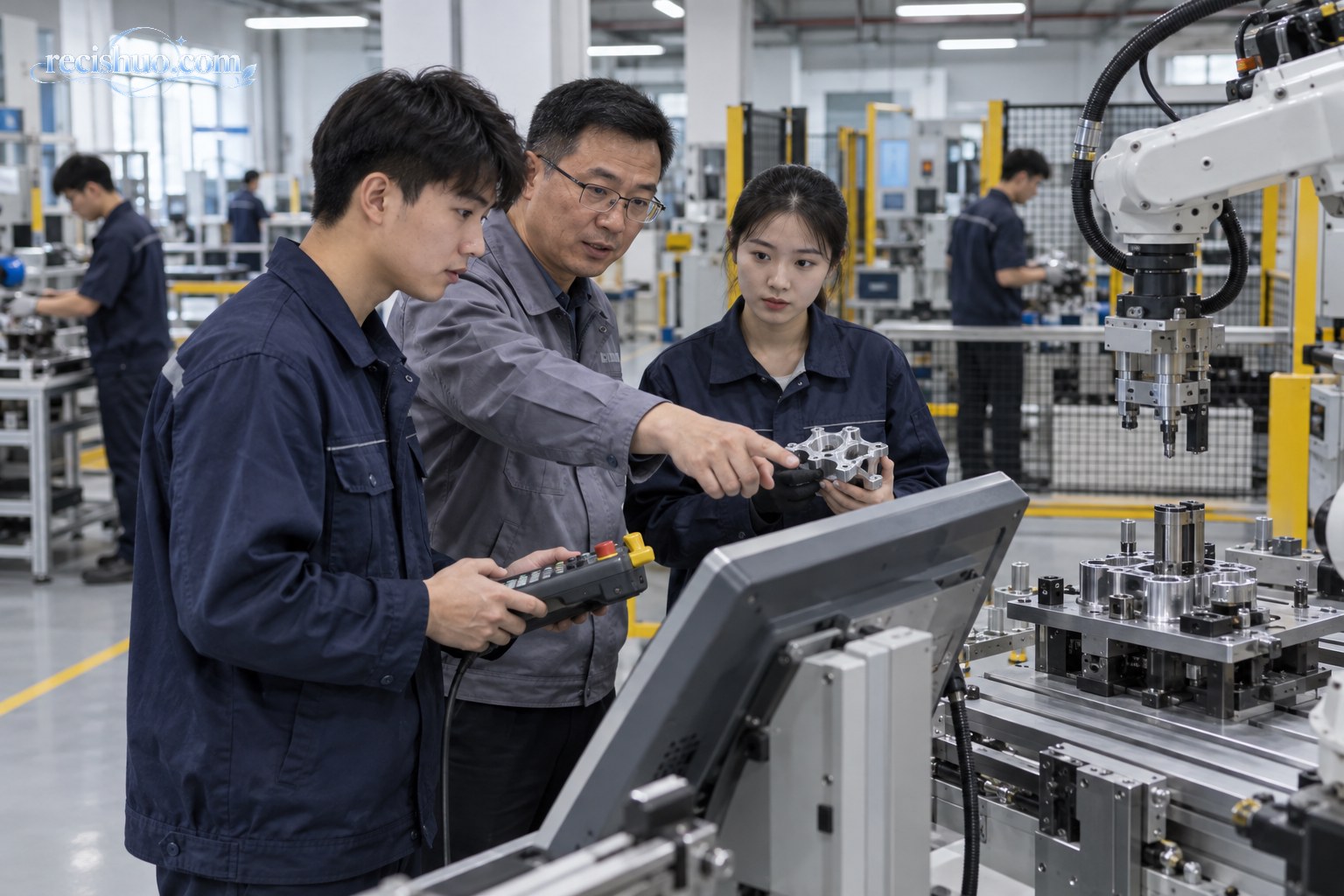 智能制造实训车间内，教师指导青年学员操作设备并检查零部件