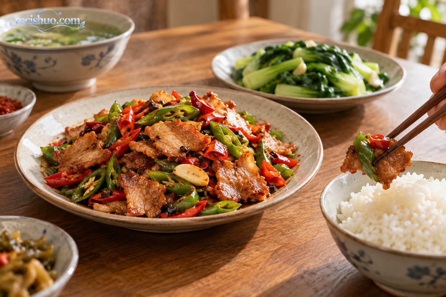 阳光餐桌上的湘味青红椒小炒肉、白米饭与清淡蔬菜
