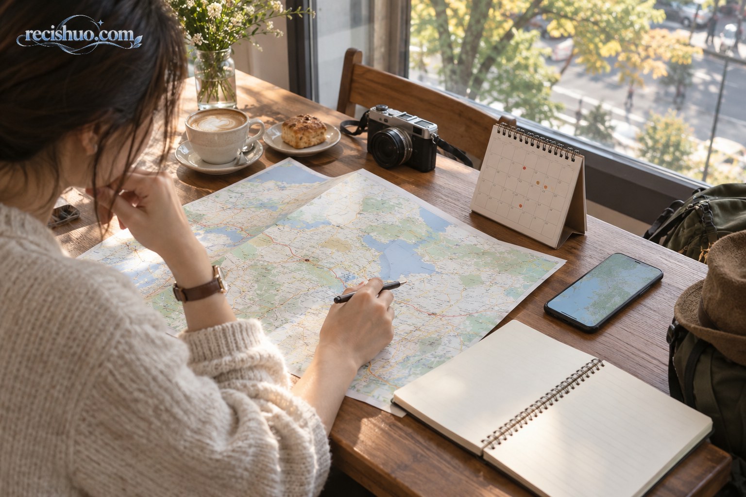 旅行者在临窗木桌前用地图、日历和手机规划节后错峰行程