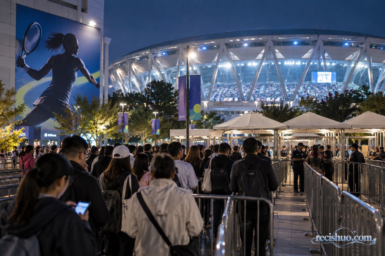 夜色中网球场灯火通明,观众在入口通道有序排队等待入场