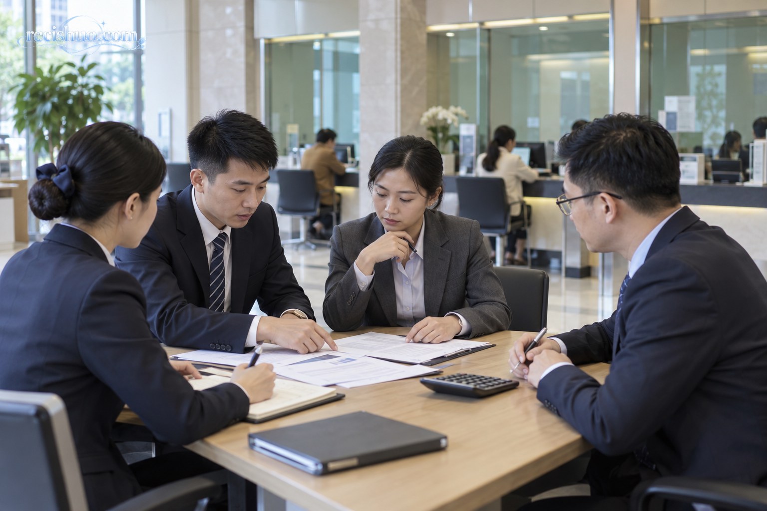 银行从业人员在营业厅内围桌讨论合规文件与竞争规范