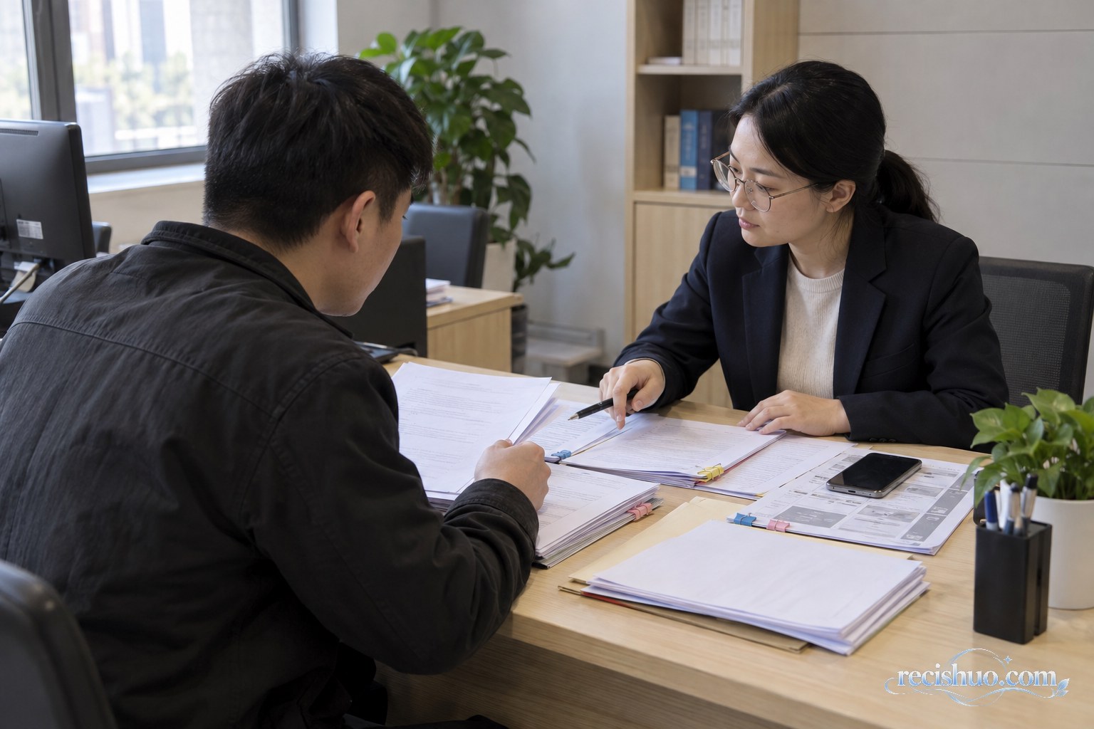 劳动者在咨询室与工作人员共同整理劳动争议材料