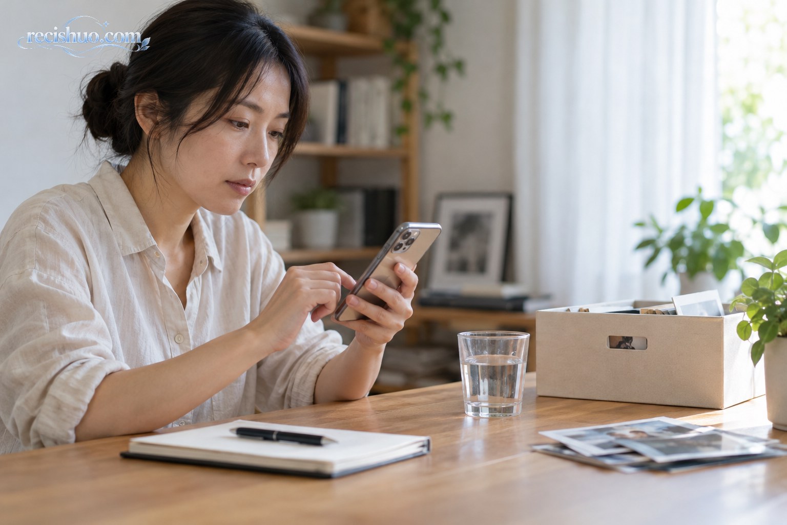 一名女子在居家书桌前认真整理手机相册