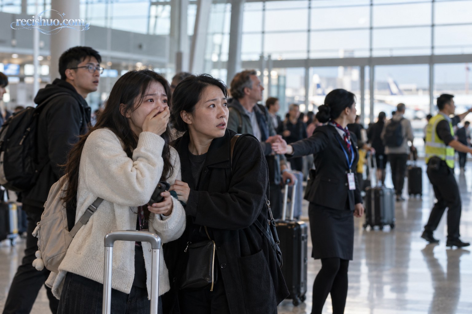现代机场航站楼内，一名受到突发巨响惊吓的年轻旅客在同伴陪伴下观察现场情况
