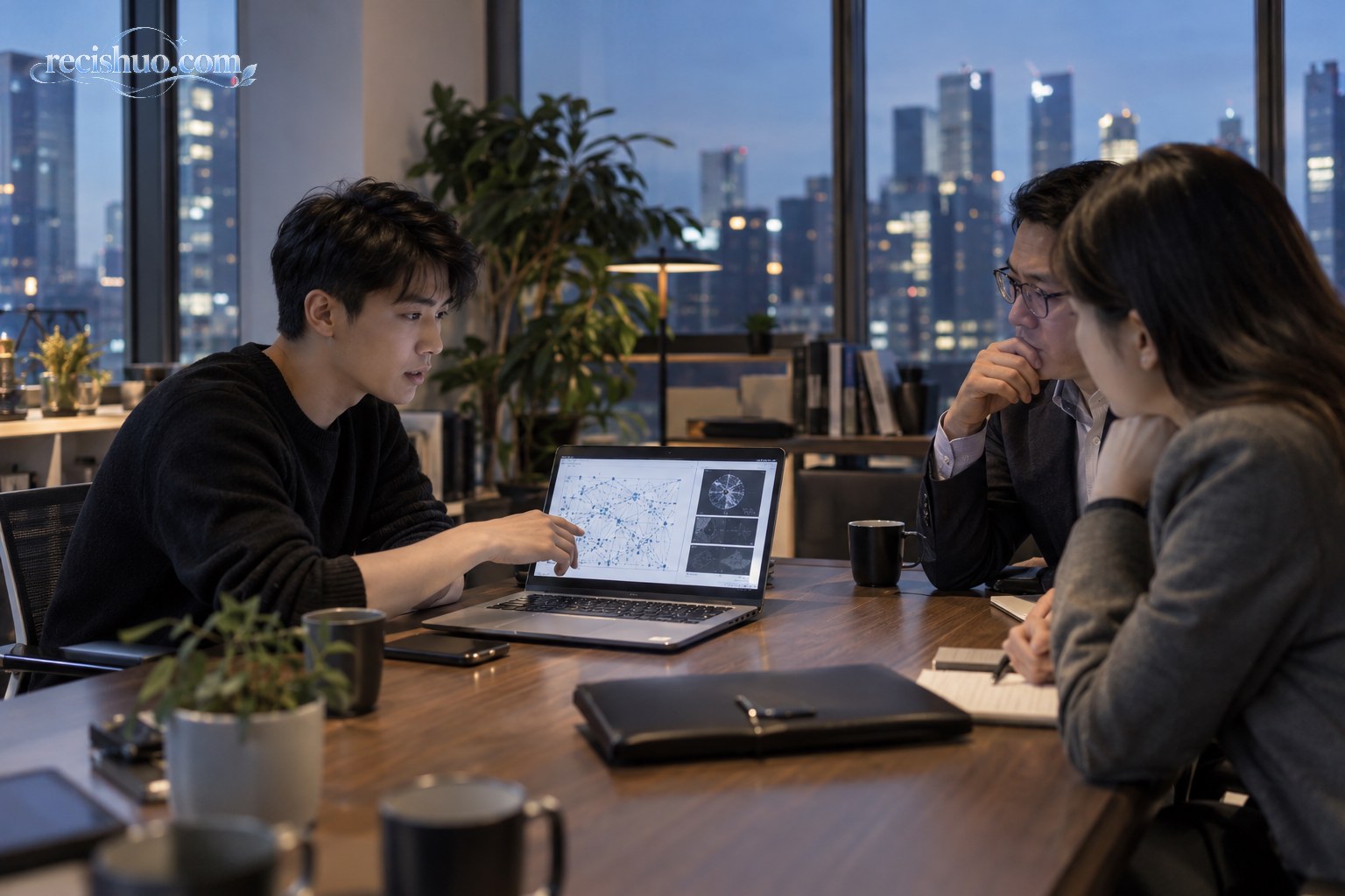 年轻AI创业者在办公室向投资人展示研究项目的写实场景