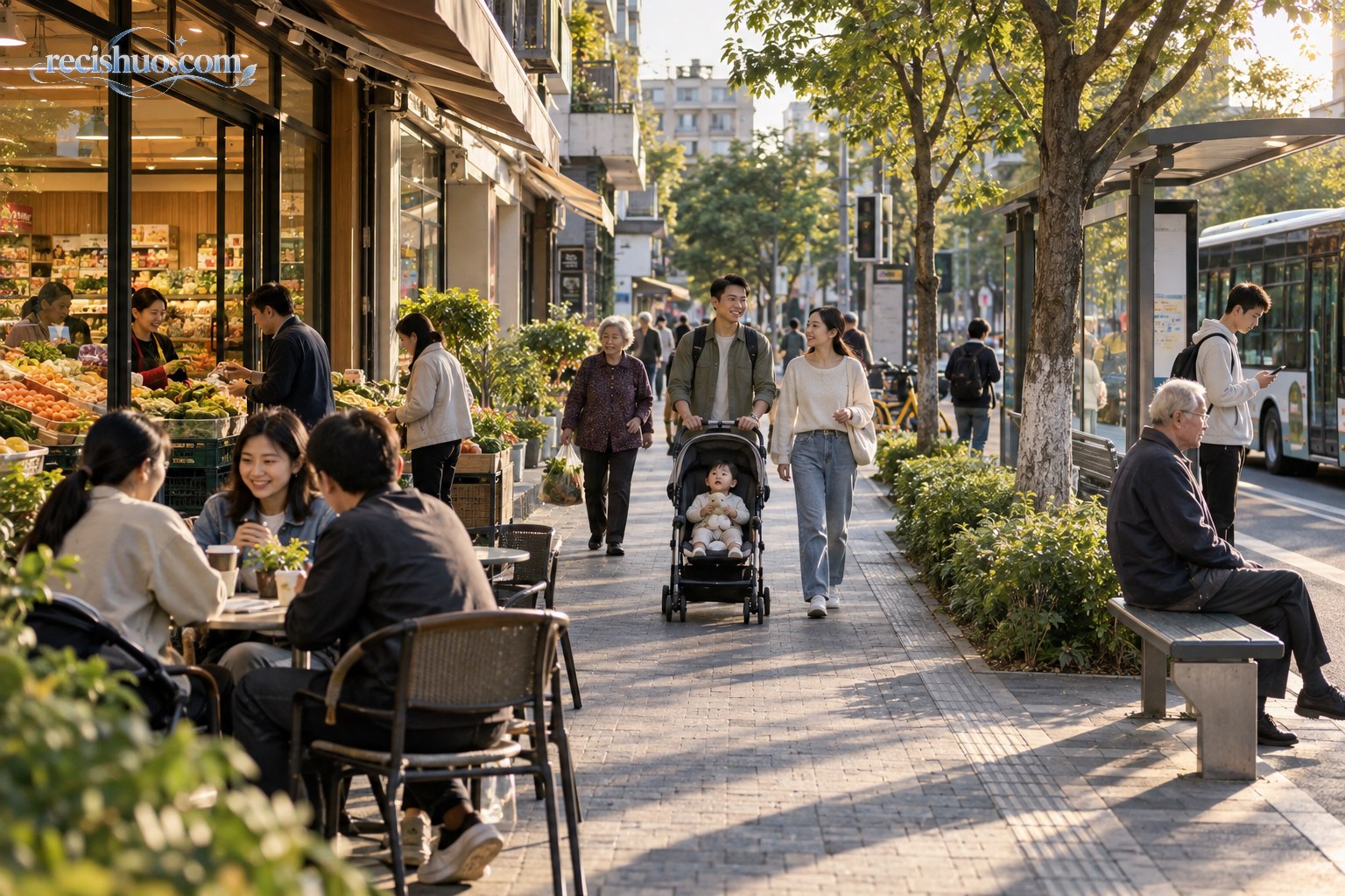 社区商业街上居民出行消费并使用公共交通设施的日常场景