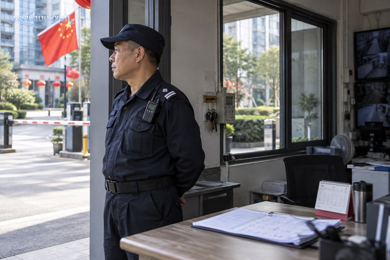国庆期间一名保安站在园区值班室内查看工作环境