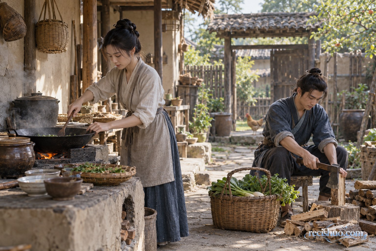 古代小院里女子照看灶火、男子整理木柴和菜篮