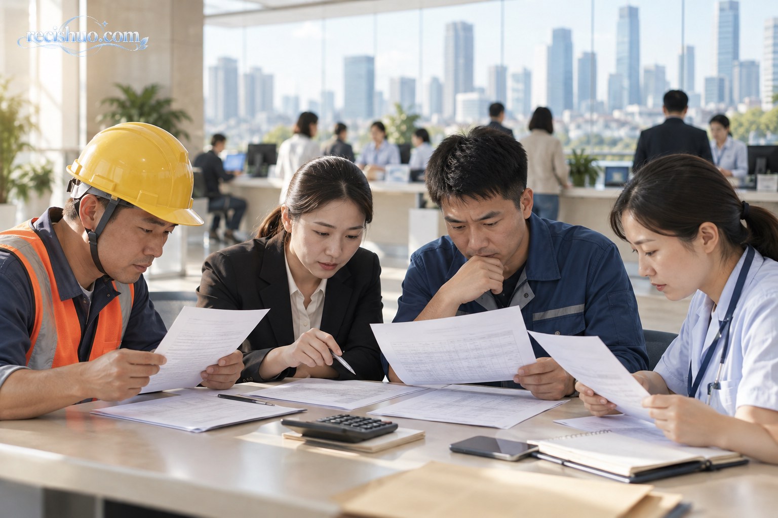 不同职业的劳动者在公共服务大厅共同核对工资资料