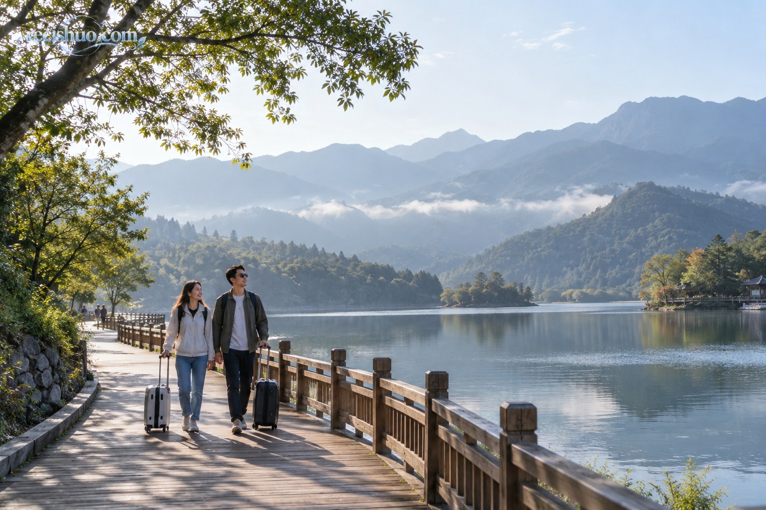 国庆长假后两名游客拉着行李箱漫步在安静的山水景区湖畔步道
