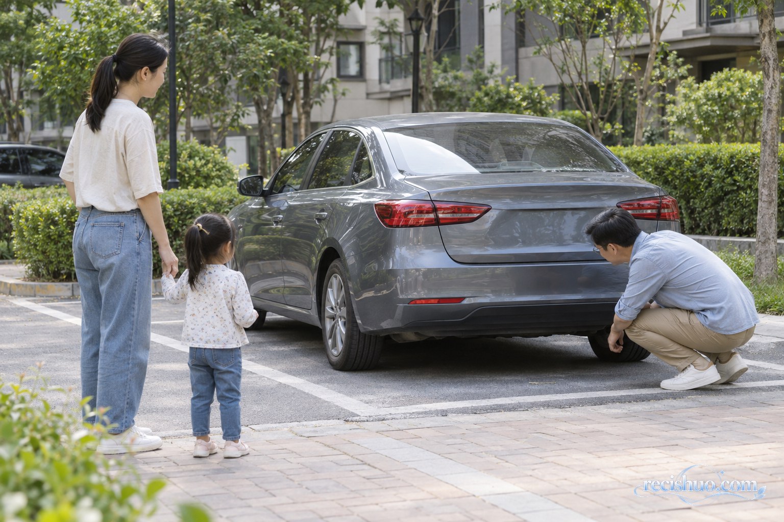 家人在车辆启动前检查车后盲区并让幼儿停留在安全区域