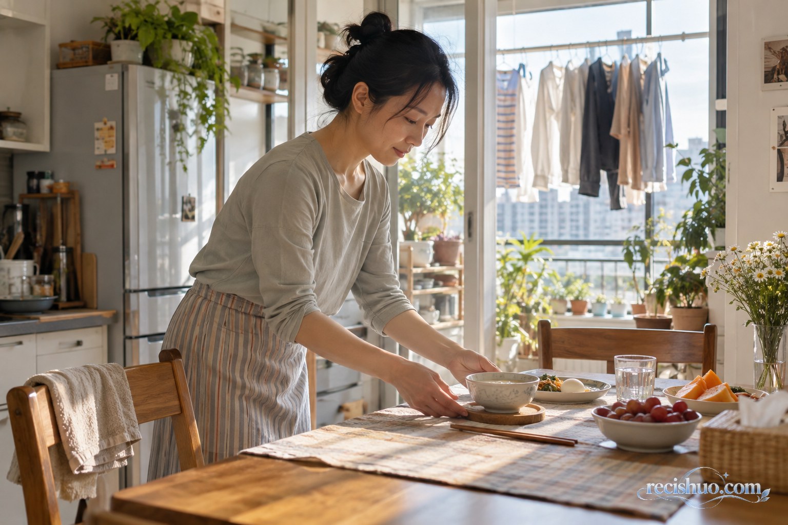 清晨阳光下,一名女子在普通住宅里整理摆有粥、水果和鸡蛋的餐桌