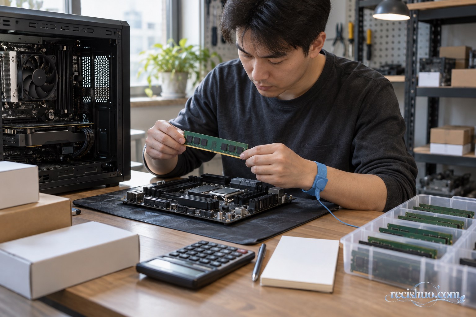 装机工作室内,技术人员对照主板插槽检查内存条并评估库存