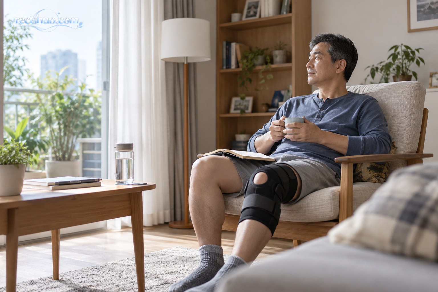 一名左膝佩戴固定支具的中年男子在家中安静休息