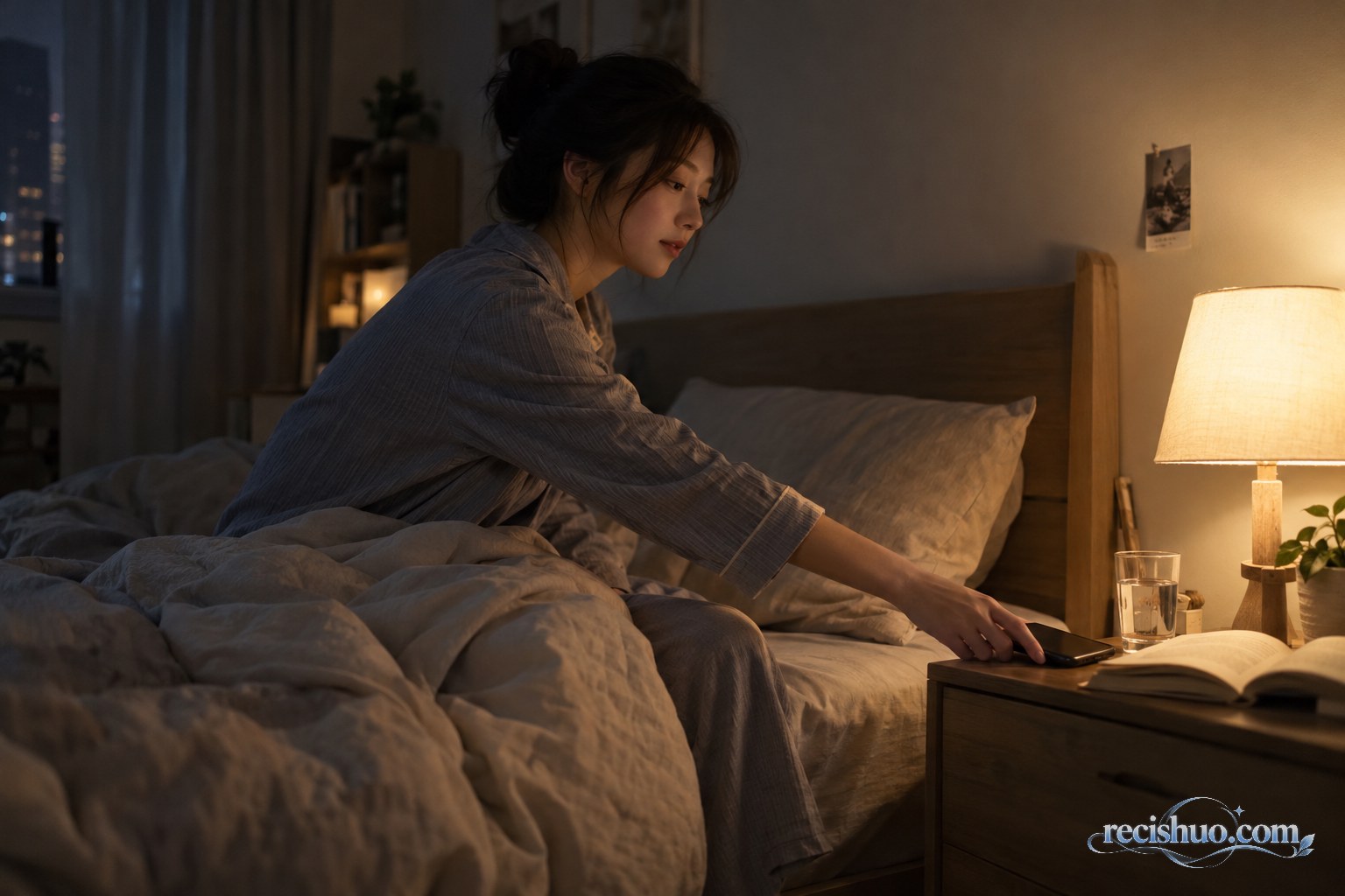 年轻人在夜晚把手机放到床头柜上准备关灯休息