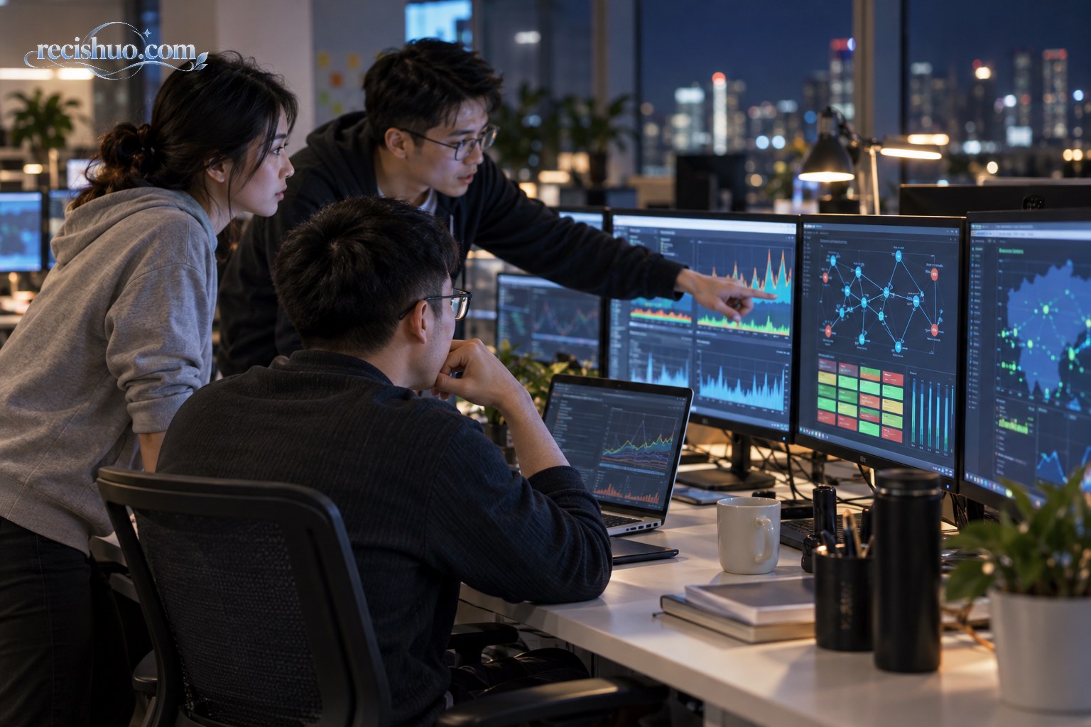 技术人员在夜间办公室查看系统监控并协作排查故障