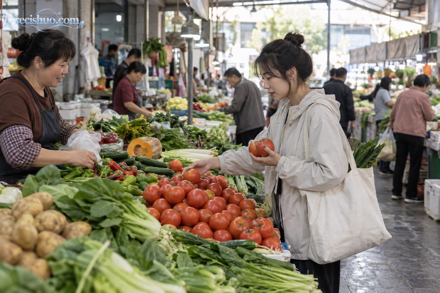 年轻人在社区菜市场挑选西红柿和新鲜蔬菜