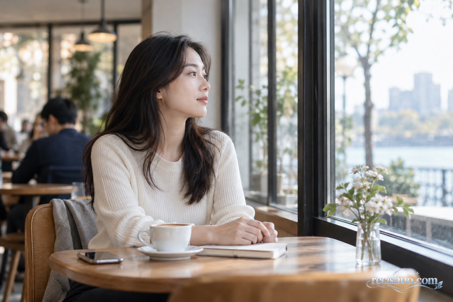 明亮咖啡馆里,一名女性望向窗外并调整呼吸,缓解被注视带来的紧张