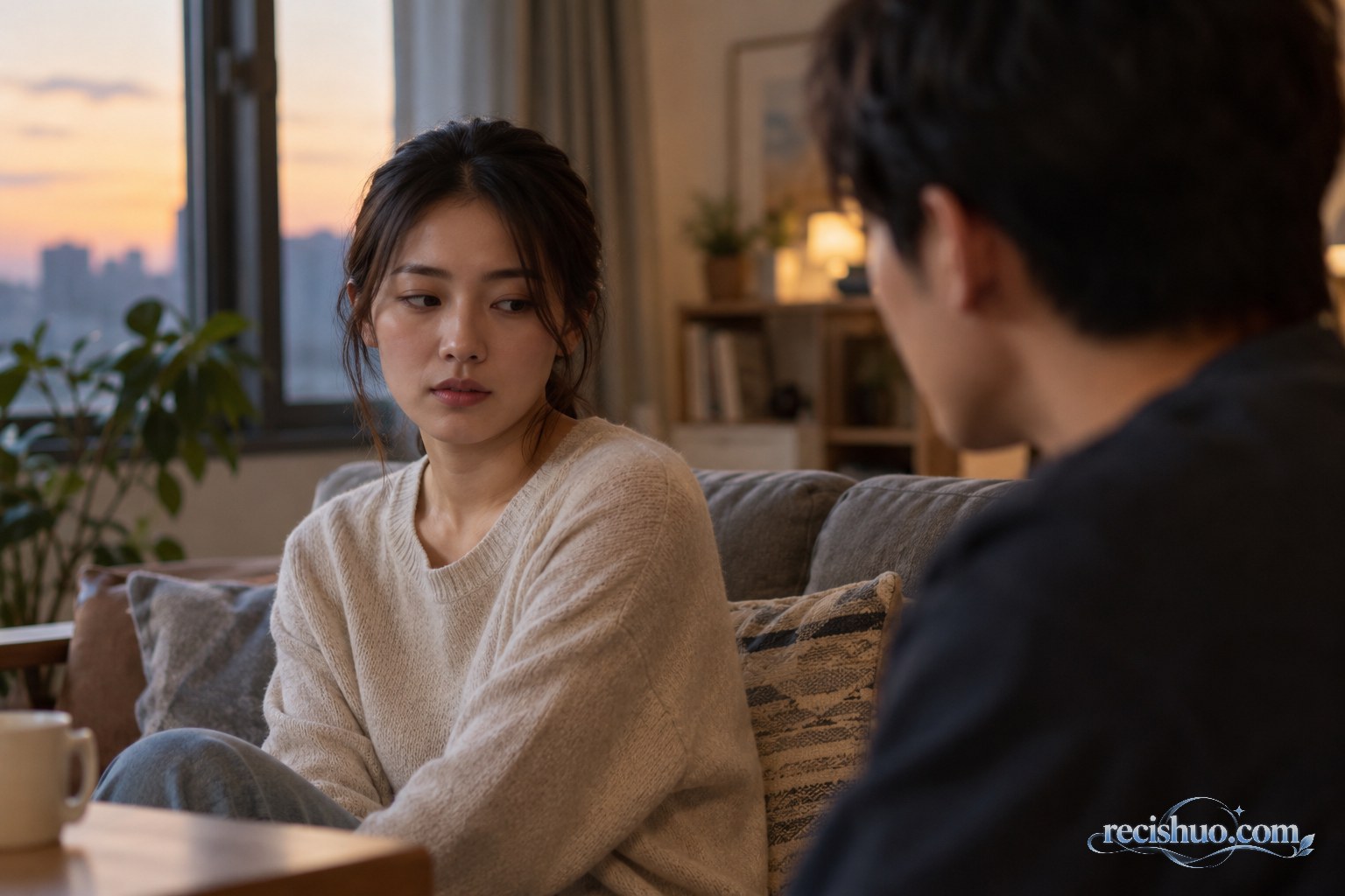 傍晚室内，两名成年人交谈时一方平静移开视线，呈现被注视后的不适与克制