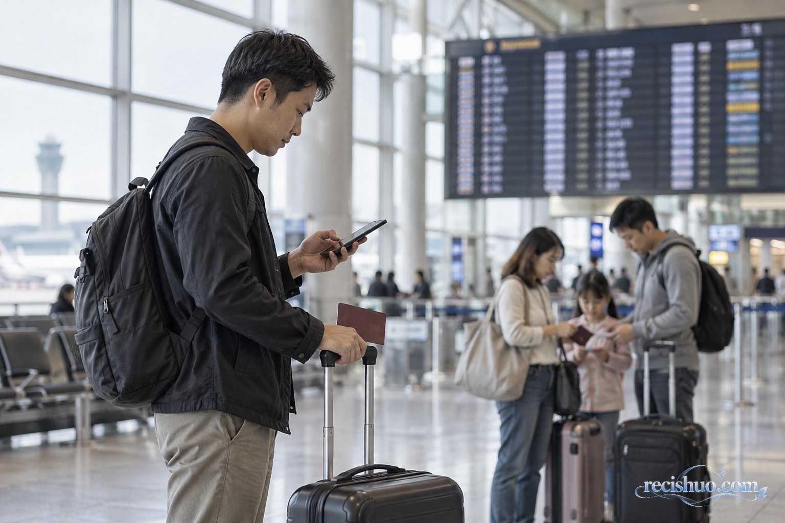 旅客在机场出发大厅查看手机并整理出行证件