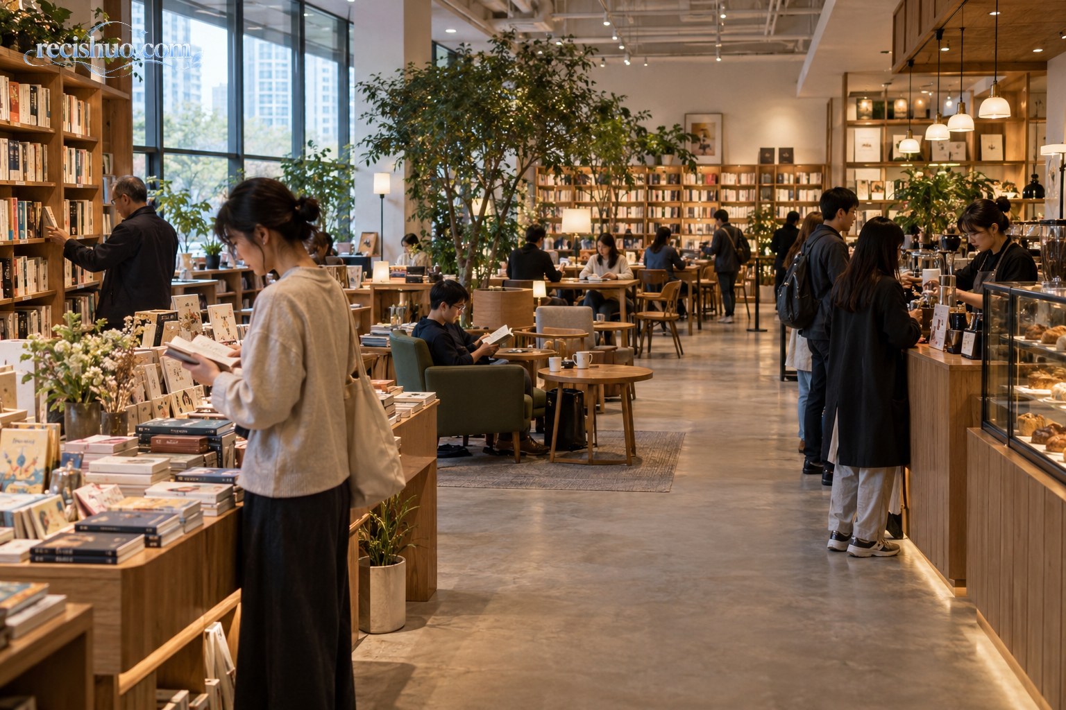 现代城市书店内,顾客分别选书、阅读和购买咖啡,图书区与休闲消费区自然相连