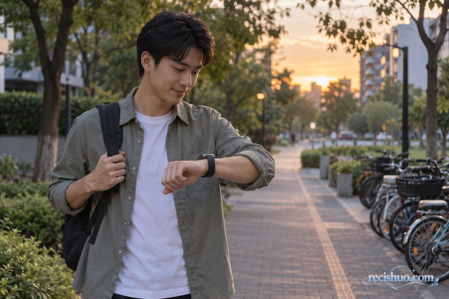 一名上班族傍晚在社区绿道旁查看运动手表