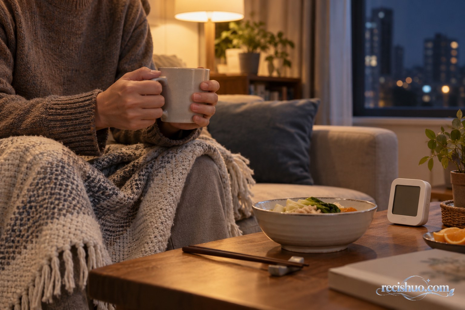 秋夜回家后,人们用温热水杯暖手并在客厅安静休息