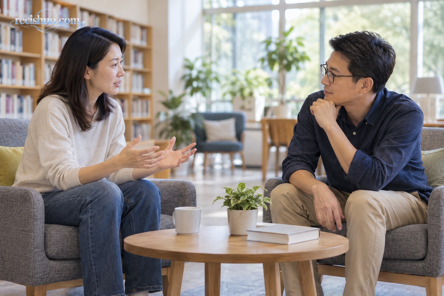 安静公共休息区内,两名成年人保持适当距离,平静沟通彼此的感受和边界