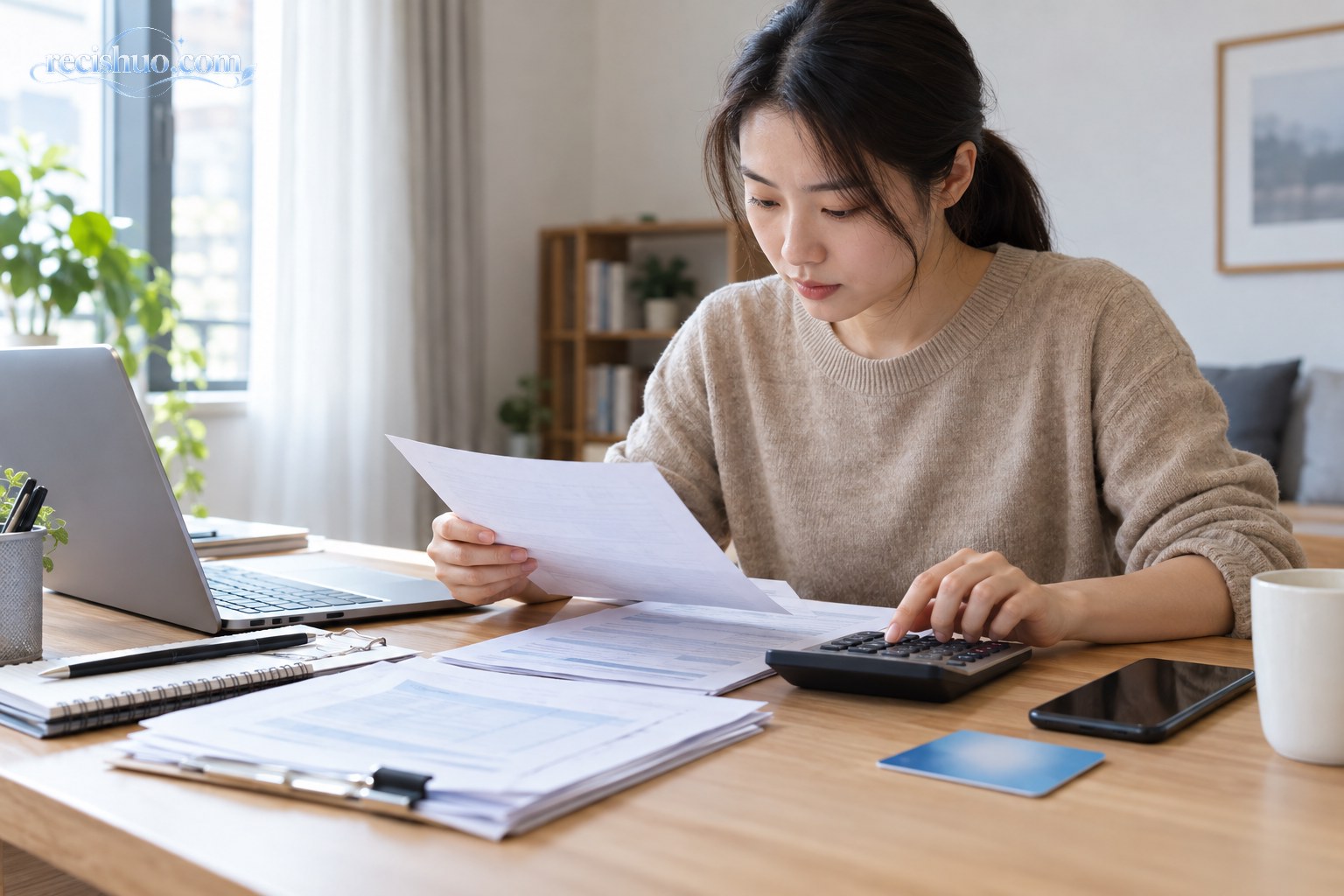 职场人士在居家书桌前核对社保缴费与工资明细