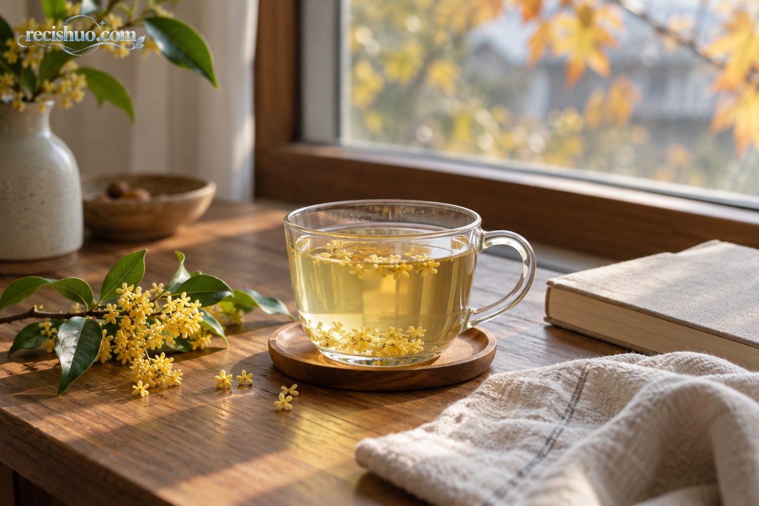 窗边木桌上的清淡桂花茶与新鲜桂花枝